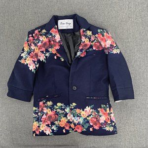 Those Days Beautiful Navy Blue Jacket Floral Print Shoulder Pads Cotton 1 Button